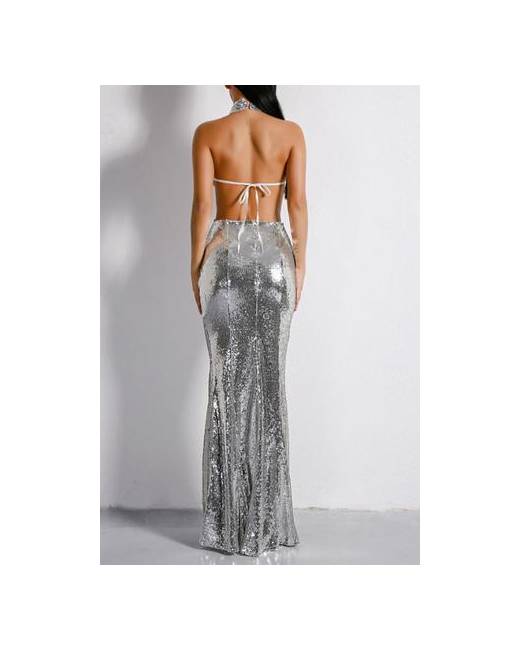 ASOS DESIGN plunge halter neck sequin bodycon maxi dress in silver