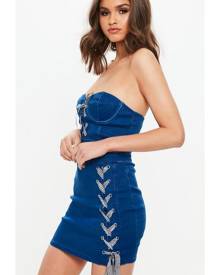 Missguided Denim Gingham Lace Up Mini Skirt