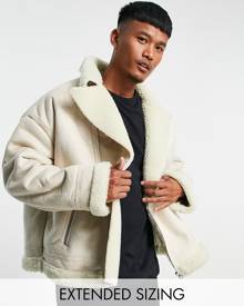 ASOS DESIGN oversized biker jacket with borg lining in stone-Blonde