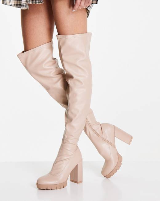 ASOS DESIGN Clearly high-heeled fold over knee boots in cream