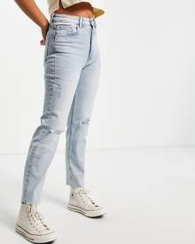 Stradivarius cropped cotton slim mom jeans with stretch and rip in light blue - LBLUE