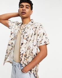 Topman animal floral print shirt in stone-Neutral