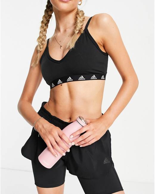 adidas Training Plus 3 Stripe design mid-support sports bra in black