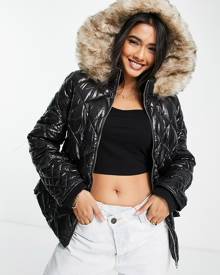 River Island belted patent quilted padded jacket with faux-fur hood in black River Island belted patent quilted padded jacket with faux-fur hood in black