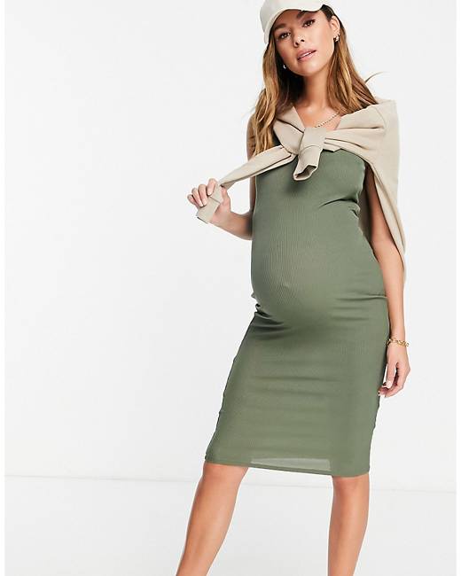 ASOS DESIGN Maternity satin stripe wrap neck mini dress with blouson  sleeves in green