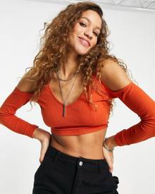 ASOS DESIGN long sleeve v front & back top in rust-Brown
