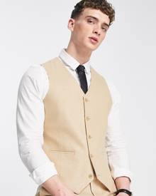 ASOS DESIGN wedding skinny wool mix suit waistcoat in stone herringbone-Neutral