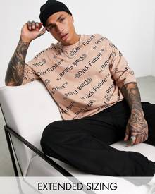 ASOS DESIGN ASOS Dark Future oversized t-shirt with all over logo print in light brown