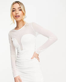 In The Style x Liberty exclusive mesh insert ruched mini bodycon dress in white