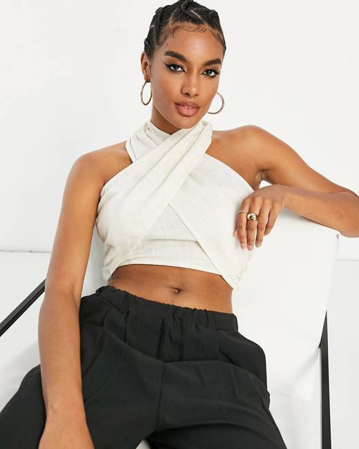ASOS DESIGN double layer slinky ruched halter top in white
