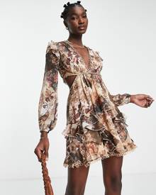 ASOS DESIGN long sleeve mini dress in patchwork floral print with circle trims-Multi