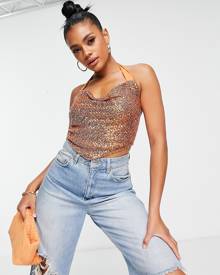 ASOS DESIGN sequin cowl neck scarf hem cami in bronze-Copper