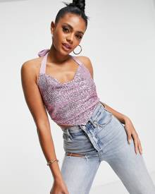 ASOS DESIGN sequin cowl neck scarf hem cami in pink