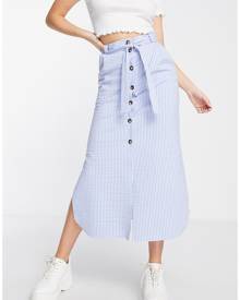 ASOS DESIGN belted button through midi skirt in stripe seersucker-Multi