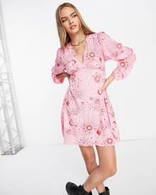 Neon Rose v neck long sleeve mini tea dress in pink red celestial