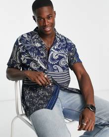 Topman viscose revere shirt in navy bandana print