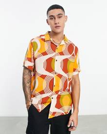 ASOS DESIGN relaxed revere shirt in 70s geo print-Orange