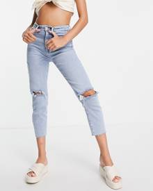 Stradivarius cropped cotton slim mom jeans with stretch and rip in light blue - MBLUE