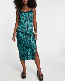 Heartbreak satin midi skirt with side split in zebra print-Blue