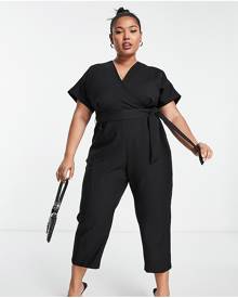 Closet London Plus tie waist kimono jumpsuit in black