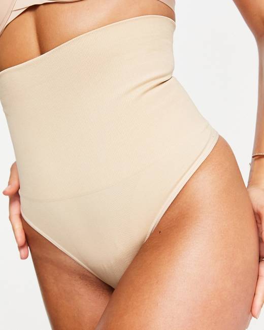 ASOS DESIGN Contouring medium control high waist thong with mesh in beige