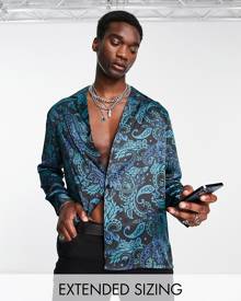 ASOS DESIGN relaxed deep revere satin shirt in paisley print-Blue