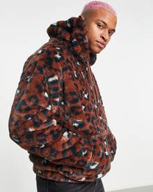 ASOS DESIGN oversized faux fur hoodie in leopard all over print-Multi