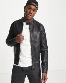 Jack & Jones Essentials faux-leather biker jacket in black