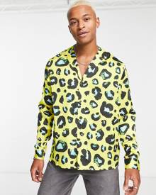 ASOS DESIGN relaxed deep revere satin shirt in bright leopard print-Yellow
