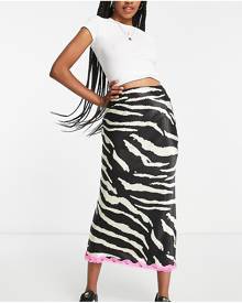 Topshop Tall zebra print contrast pink lace hem bias midi skirt in monochrome-Black