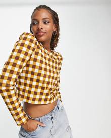 Fire & Glory long sleeve cropped top in brown check (part of a set)-Multi