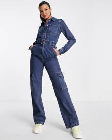 Miss Selfridge denim cargo boiler suit in dark wash blue