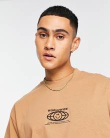 Topman oversized t-shirt with worldwide globe embroidery in light brown-Orange