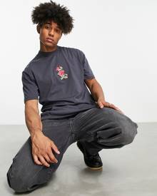 Topman oversized t-shirt with rose embroidery in dark grey