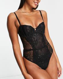 Wild Lovers Samantha sequin lace detailed underwired bodysuit in black