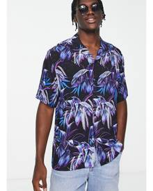 Topman viscose revere shirt in navy palm print