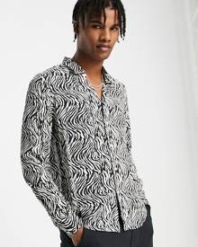 Devils Advocate Devil's Advocate long sleeve oversized viscose shirt in zebra print-Multi