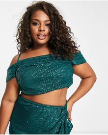 Jaded Rose Plus off shoulder crop top in emerald sequin (part of a set)-Green