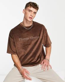 Topman oversized cord t-shirt with Champs-Elysees embroidery in brown