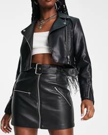 ASOS DESIGN faux leather biker mini skirt with belt in black