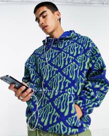 ASOS DESIGN oversized hoodie in all over text print in green & blue-Multi