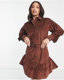 ASOS Tall ASOS DESIGN Tall cord mini shirt dress with buckle in brown-Multi