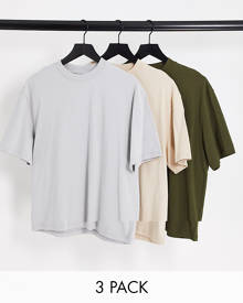 Topman 3 pack oversized t-shirt in khaki, stone and light grey-Multi