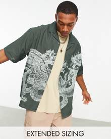 ASOS DESIGN boxy oversized revere shirt with griffin placement print-Green