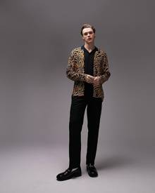 Topman long sleeve viscose revere shirt in animal print-Multi