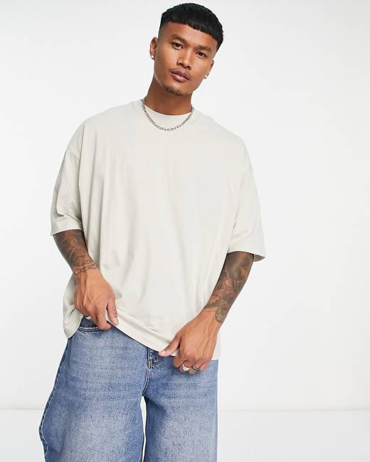 Only & Sons mock neck boxy waffle t-shirt in beige