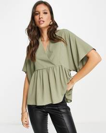 ASOS DESIGN wrap top with angel sleeve & peplum hem in khaki-Green