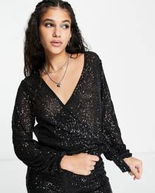 Pieces sequin balloon sleeve wrap top in black (part of a set)