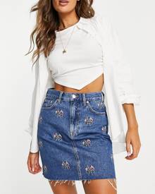 Tommy Jeans cotton denim mom embroidered skirt in mid wash-Blue