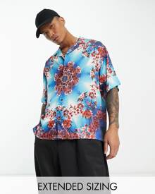 ASOS DESIGN boxy oversized revere satin shirt in kaleidoscope floral print-Multi